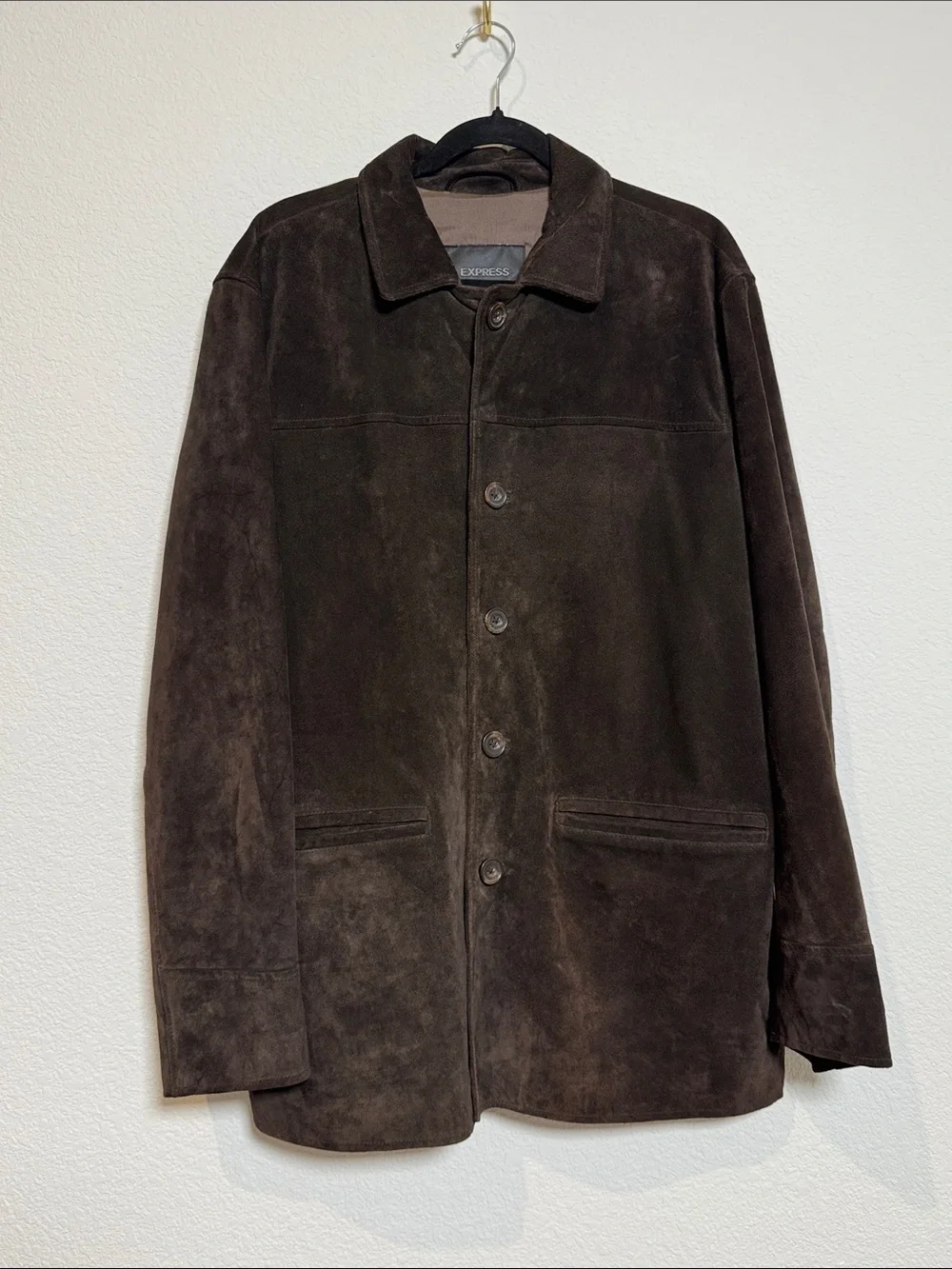Express Men's Dark Brown Suede Button-Front Chore Coat Large